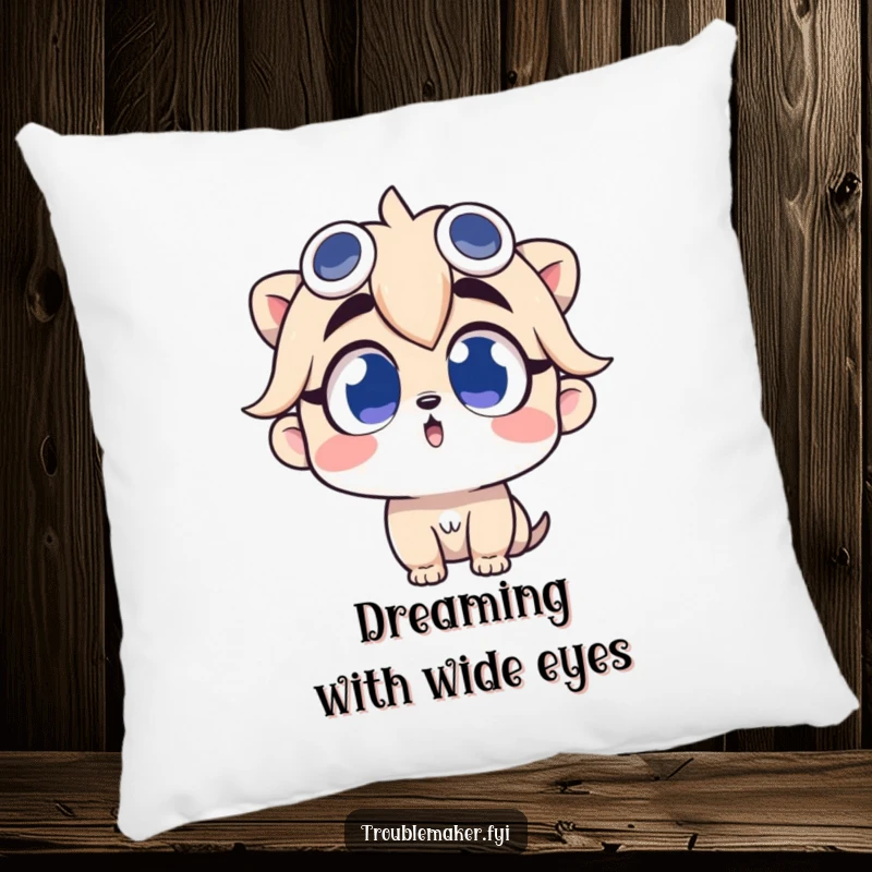 Funny pillow featuring a troublemaker character looking up with wide, curious eyes, perfect for adding whimsy.
