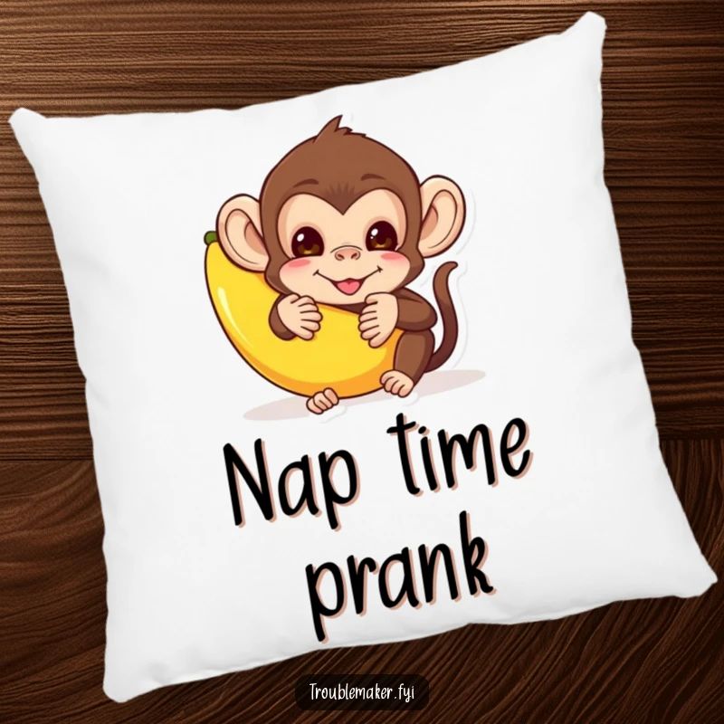 Funny pillow featuring a mischievous monkey hiding behind a banana peel, adding a touch of playful humor to any room.
