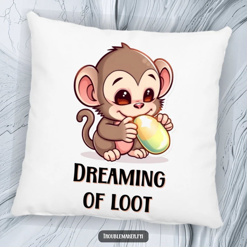 Funny pillow featuring a mischievous monkey creature adorably stealing a shiny object, offering a soft and humorous touch to any seating area.