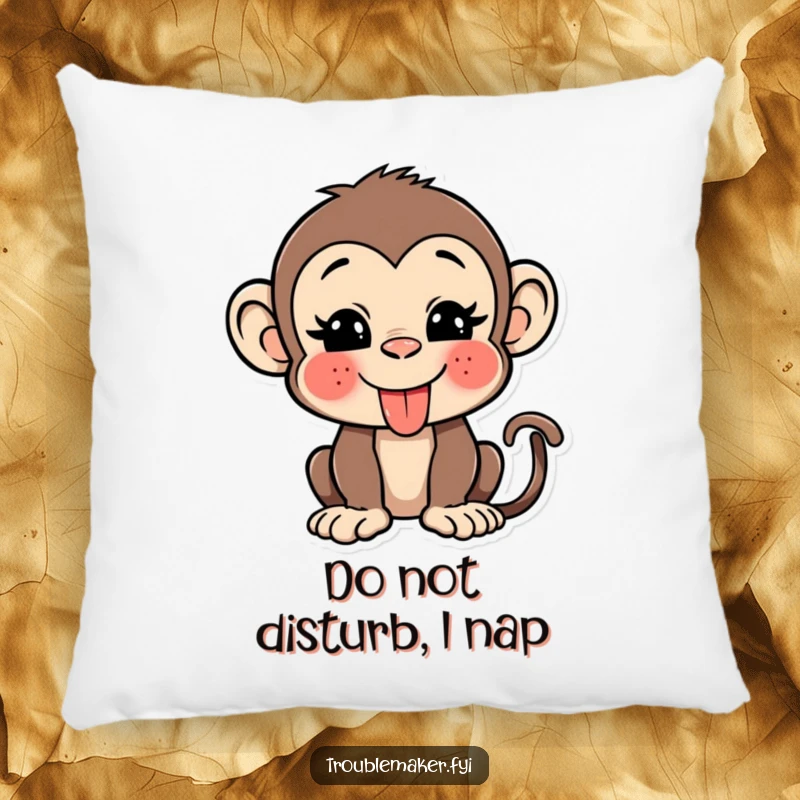 Funny monkey pillow featuring a cute character sticking its tongue out and winking, providing comfort and a humorous accent.