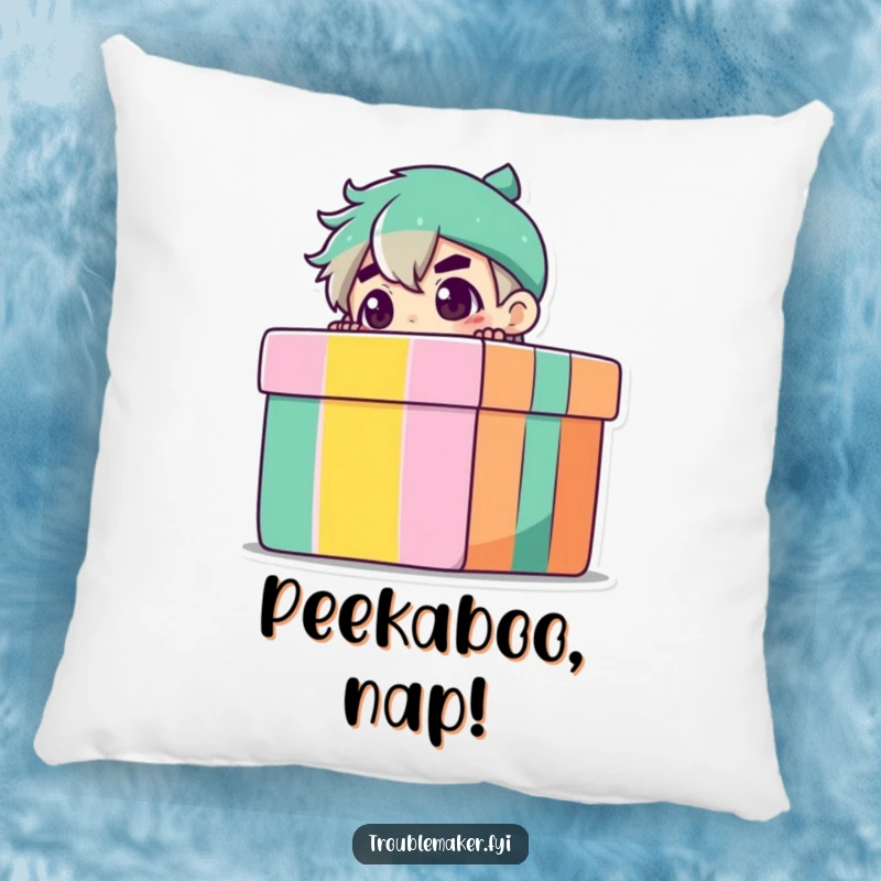 Funny Pillow featuring a troublemaker character peeking from a gift box, offering comfort and a touch of playful suspense.