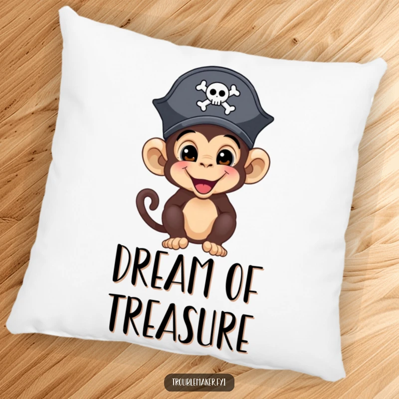 Funny monkey pirate with a tiny hat, lounging mischievously, featured on a soft, decorative throw pillow.