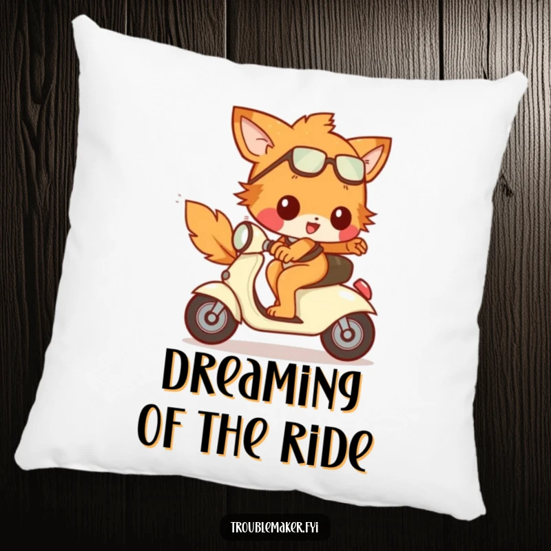 Funny Pillow design featuring a trouble maker animal character happily riding a tiny, runaway scooter, adding a dynamic and fun touch.