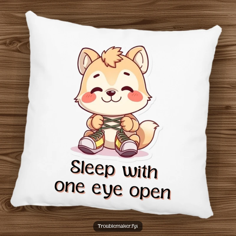 Funny animal character tying shoelaces together with a grin, printed on a comfortable decorative pillow.