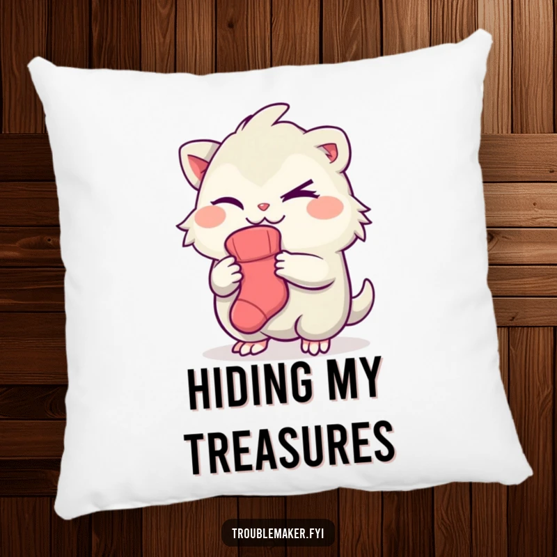 Funny pillow design of a creature giving a mischievous wink, holding a lone sock, a humorous representation of laundry day secrets.