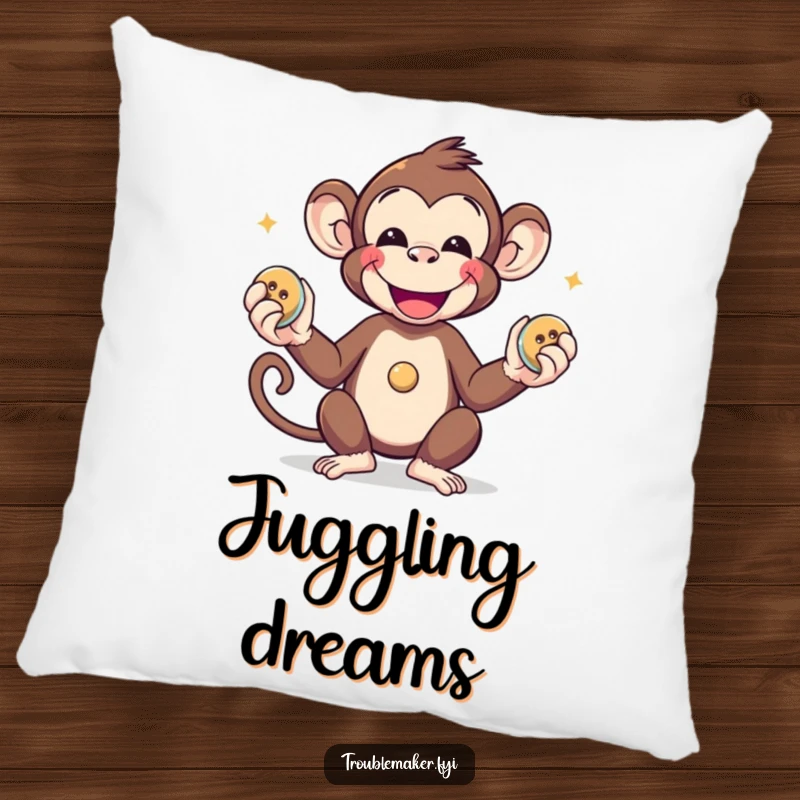 Funny smiling monkey juggling shiny buttons is featured on a soft, decorative throw pillow.