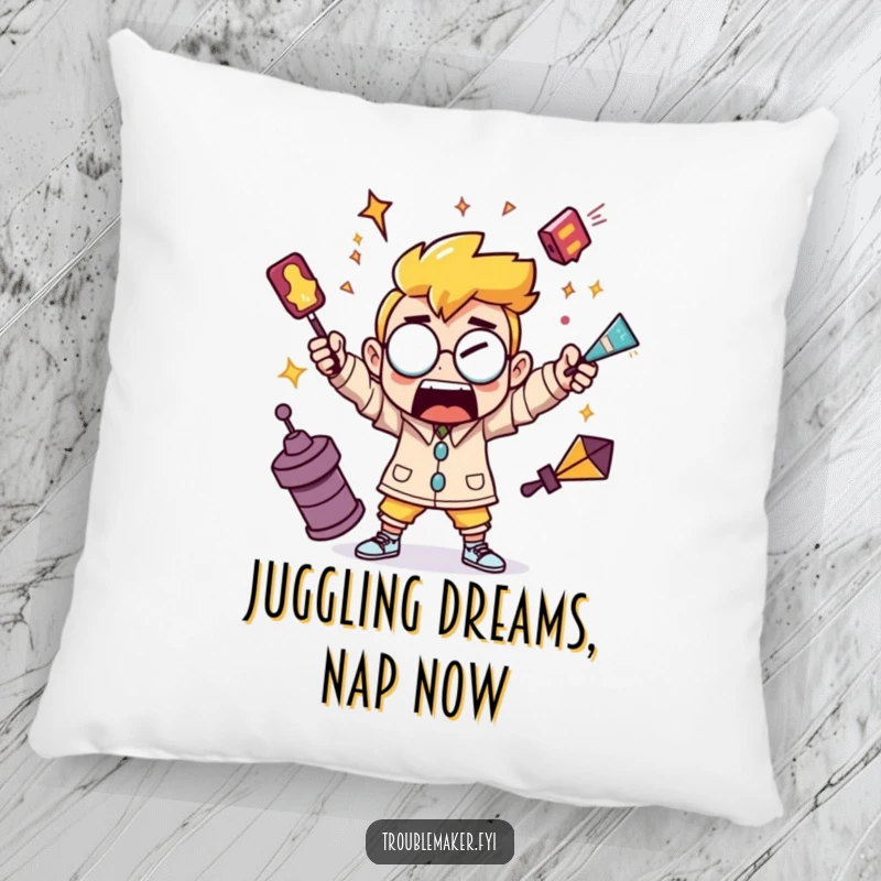 Funny pillow featuring a troublemaker character juggling chaotic objects, perfect for adding a playful touch.
