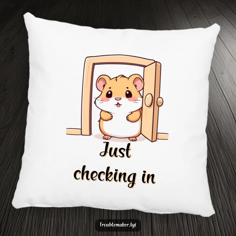 Funny pillow with a curious hamster character peeking from a small door, offering comfort and a hint of playful mystery.