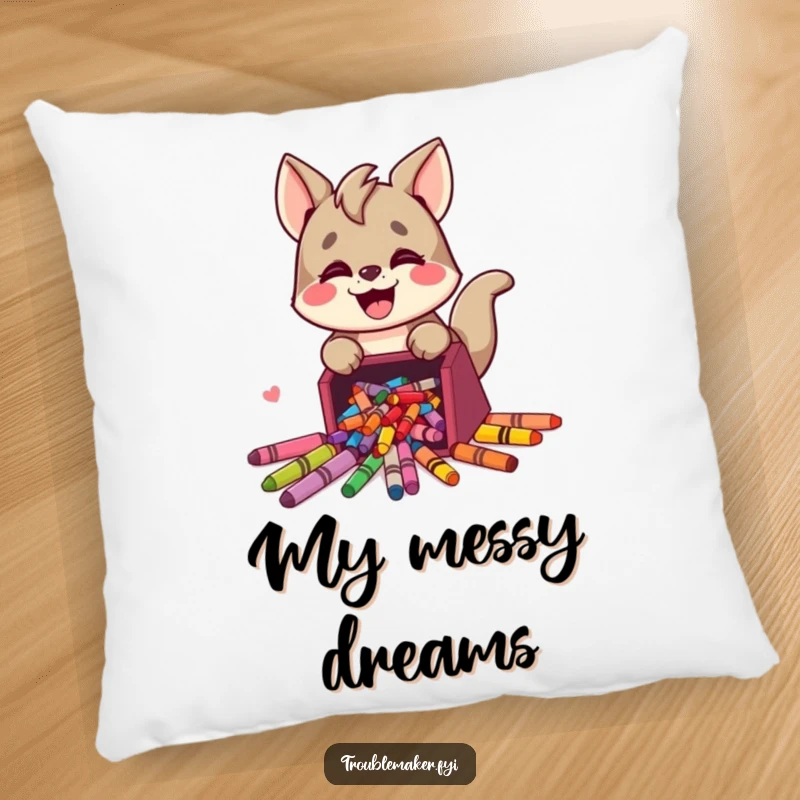 Funny pillow showcasing a cute trouble maker animal character joyfully spilling colorful crayons, offering comfort and cheerful art-themed humor.