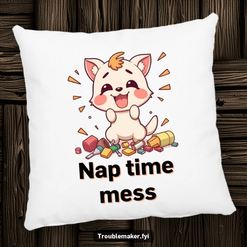Funny pillow showing a happy animal character enthusiastically making small, chaotic messes, offering comfort and playful funny vibes.