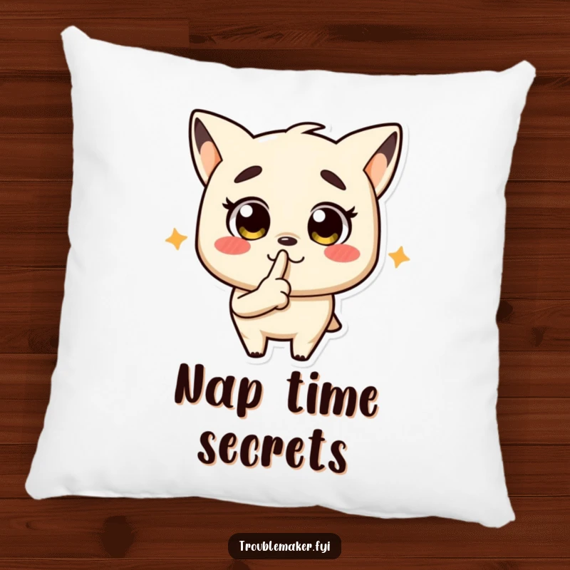 Funny pillow featuring a troublemaker character signaling for quiet, adding a humorous touch to seating.