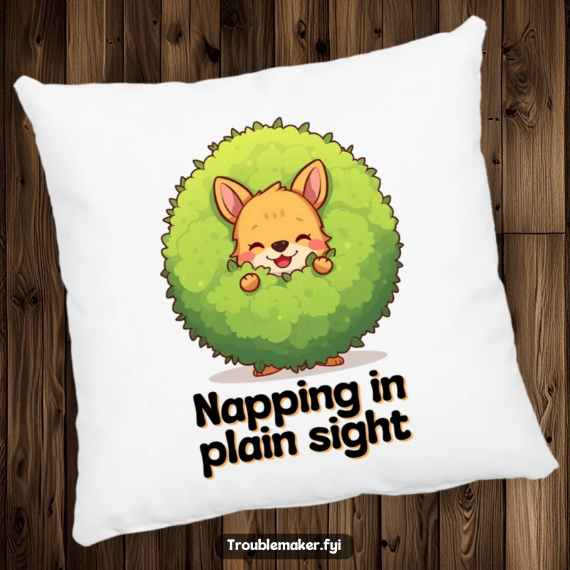 Funny mischievous animal character hiding behind a large, smiling bush, printed on a comfortable decorative pillow.