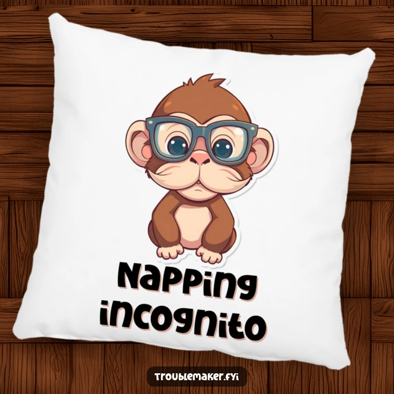 Funny Monkey Pillow depicting a primate in oversized glasses and a fake mustache, offering soft, humorous comfort, ideal funny gift.