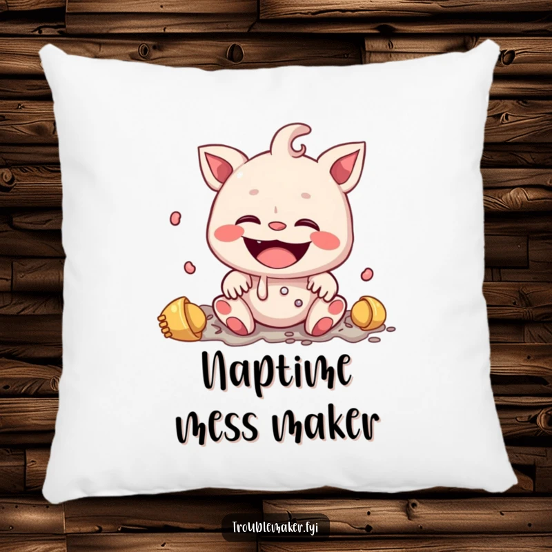 Funny pillow design of a creature with a wide, innocent smile, creating a mess, a humorous depiction of pure, unadulterated fun.