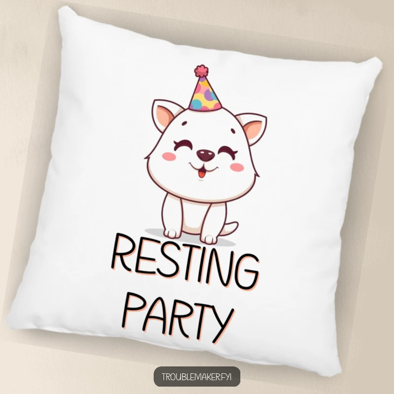 Funny pillow showing a mischievous animal character wearing a tiny, crooked party hat, offering comfort and festive funny vibes.