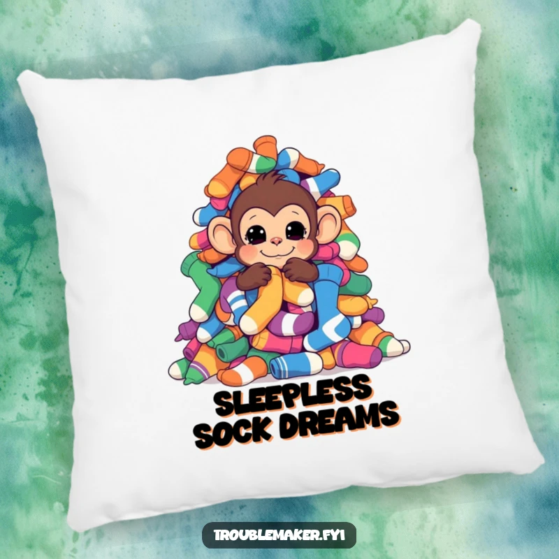 Funny monkey hiding behind colorful socks, featured on a soft, decorative throw pillow.