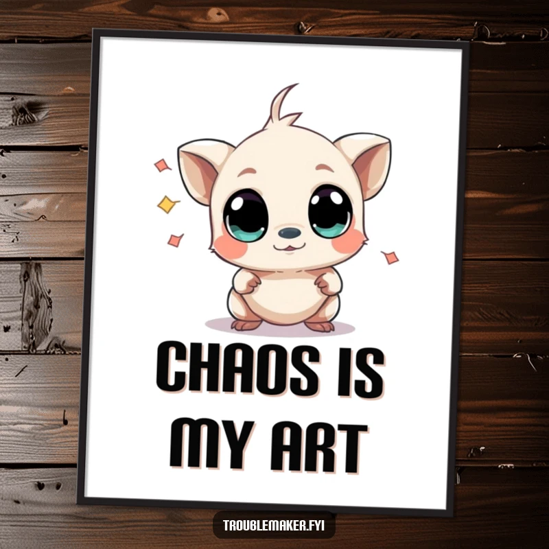 Funny digital art print of a small creature with wide, curious eyes causing mild chaos, creating a vibrant and humorous visual for any digital display.