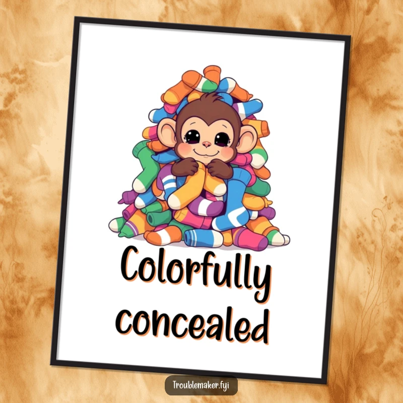 Funny monkey hiding behind a pile of colorful socks as a digital art print.