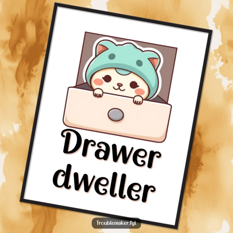 Funny digital art print of a mischievous animal character peeking from a slightly open drawer, embodying playful curiosity and humorous surprise.
