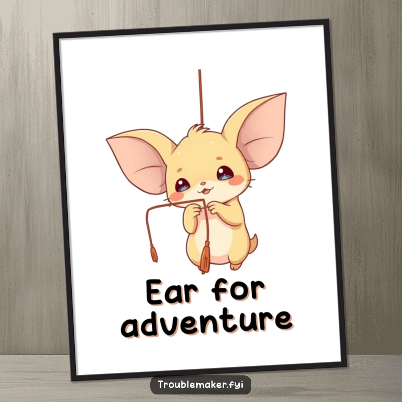 Funny digital art print of a creature with large ears playfully batting at a dangling string, perfect for cute decor.