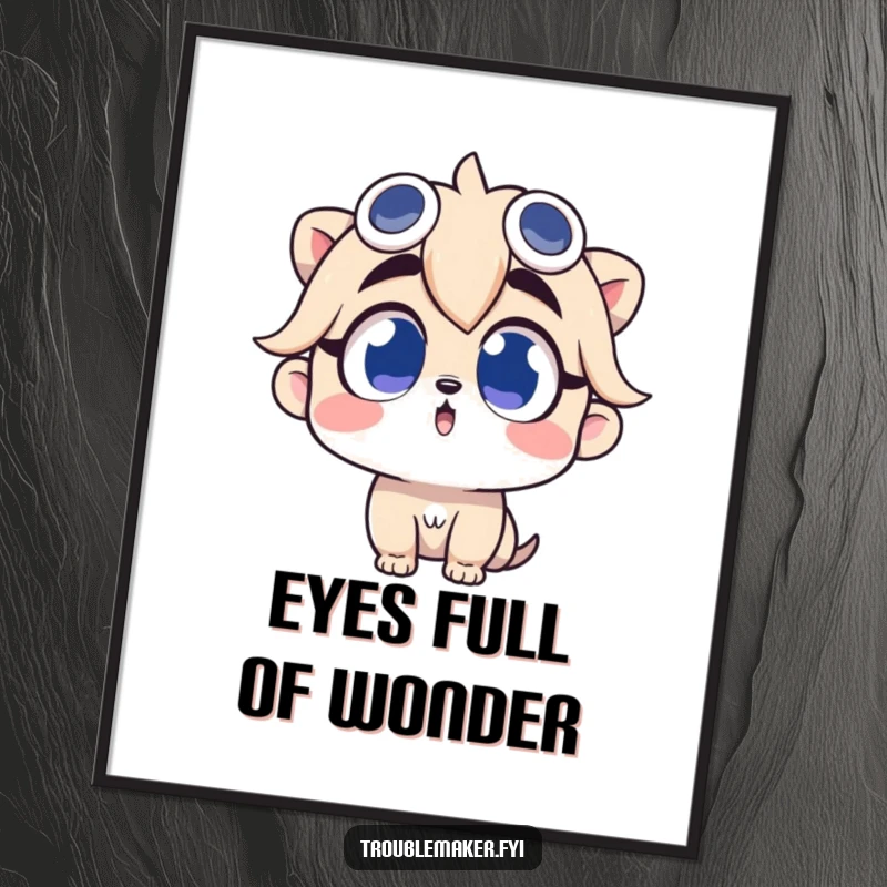 Funny digital art print of a troublemaker character looking up with wide, curious eyes, ideal for inspiring wonder.