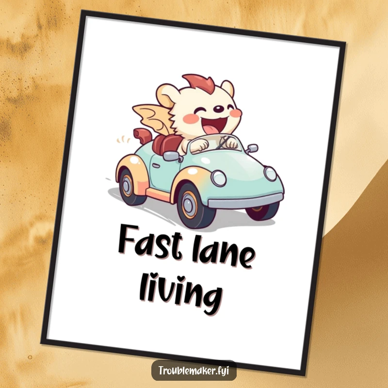 Funny digital art print of a creature joyfully riding a toy car at lightning speed, a hilarious visual of pure exhilaration and fun.