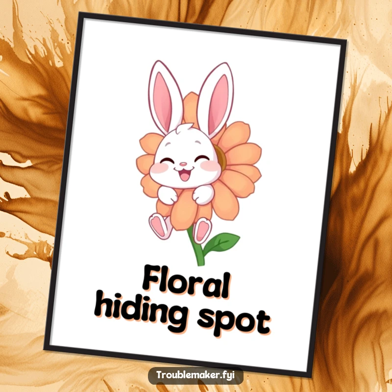 Funny digital art print of a giggling bunny character hiding behind a large, vibrant flower, suitable for instant download.