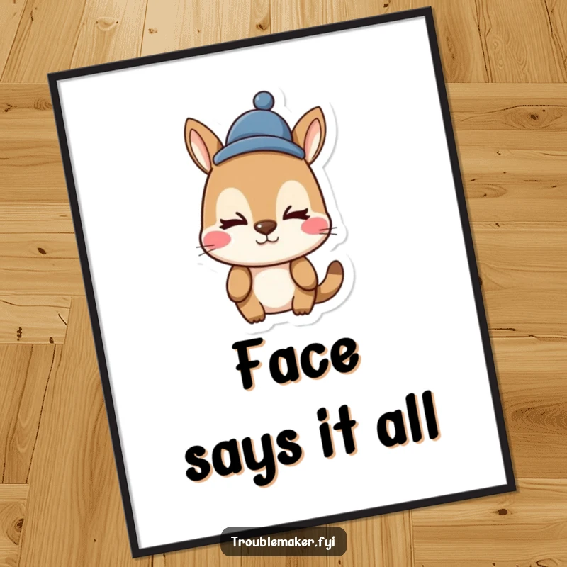 Funny animal character digital art print, making a silly face, wearing a funny hat, for instant humorous wall decoration.