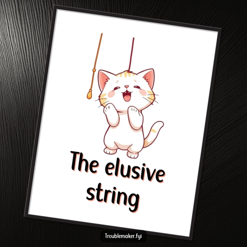 Funny digital art print of a cat playfully batting at a dangling string, perfect for immediate whimsical and humorous wall decor.