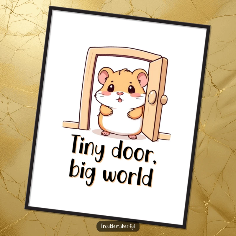 Funny digital art print of a curious hamster character peeking from a small, open door, ready for download.