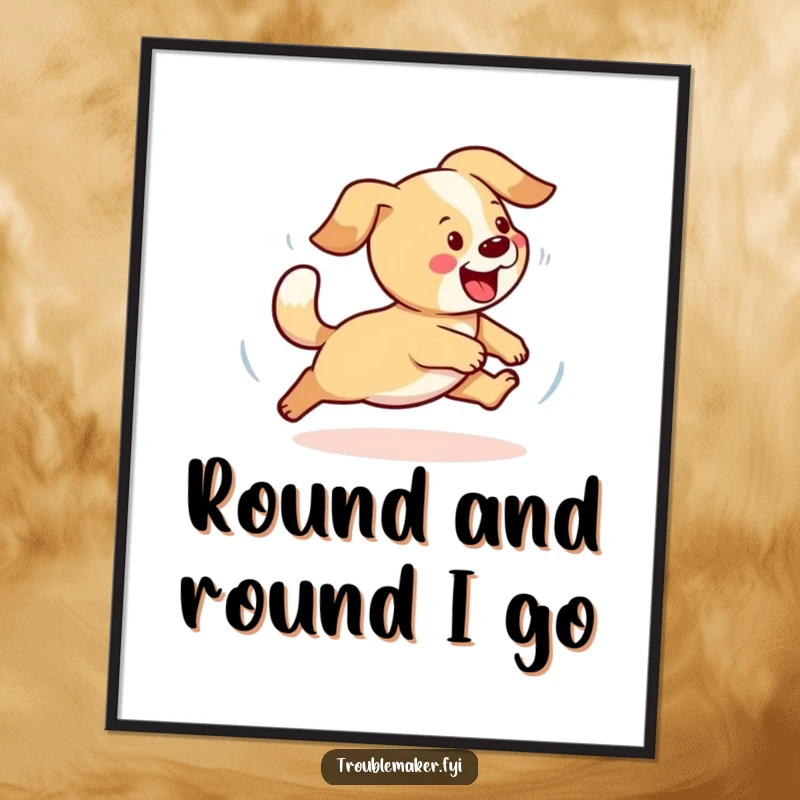 Funny dog digital art print of a playful dog chasing its tail, offering instant humorous and joyful wall decor.