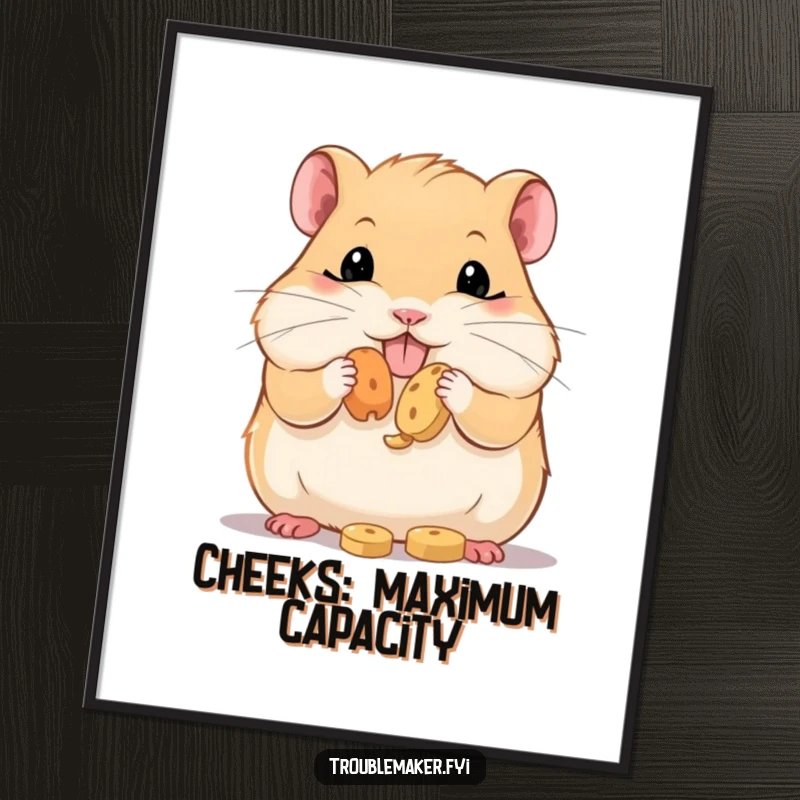 Funny Digital Art Print of a hamster with comically stuffed cheeks, looking utterly delighted with its snack hoard, rendered in a vibrant and humorous style.