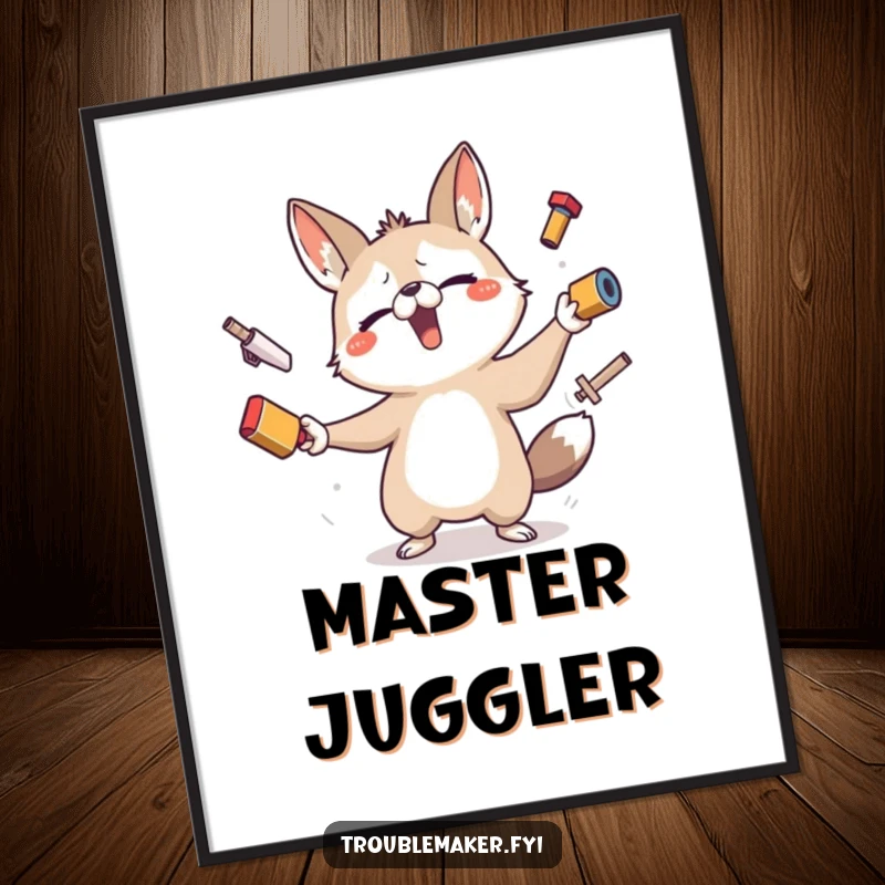 Funny digital art print of a chaotic animal character attempting to juggle multiple unstable items, radiating pure, unadulterated, funny energy.