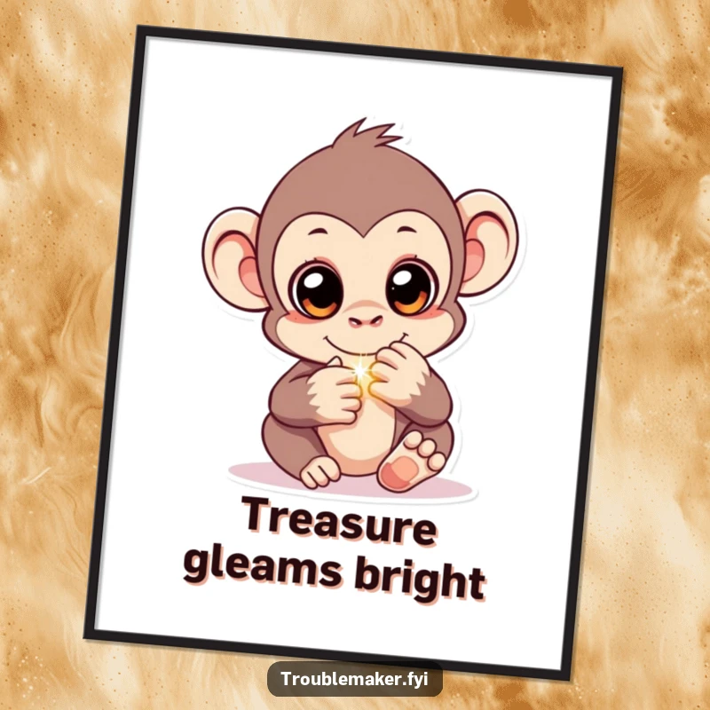 Funny digital art print of a monkey with sparkling eyes, cunningly hiding a shiny object, embodying playful secrecy and captivating intrigue.