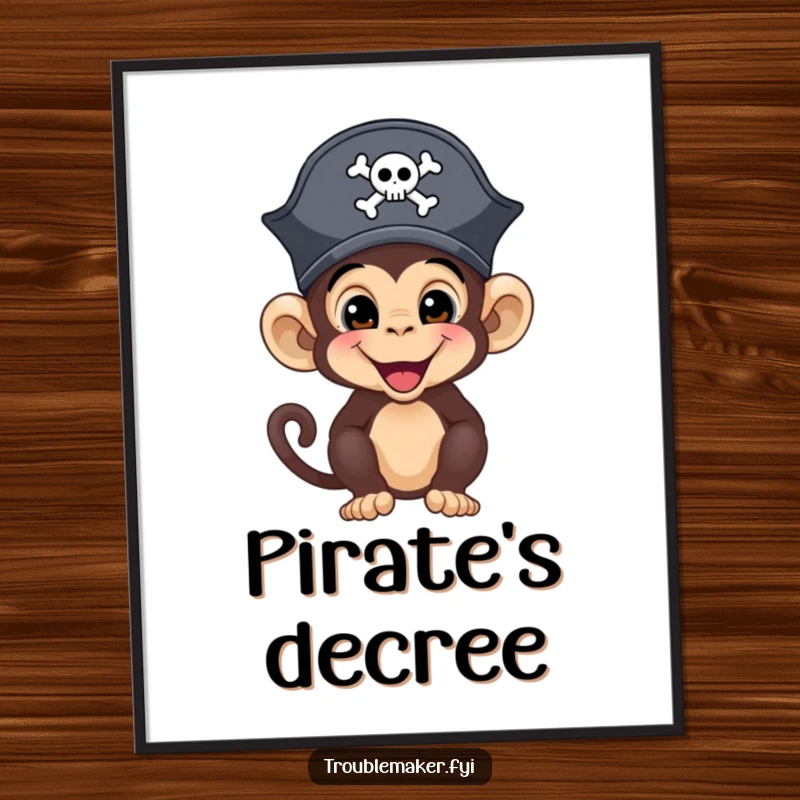 Funny monkey pirate wearing a small hat, looking adventurous and mischievous, as a digital art print.
