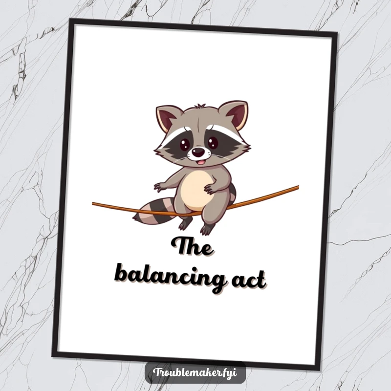 Funny digital art print of a raccoon attempting a comical tightrope walk, ready for instant download and display.