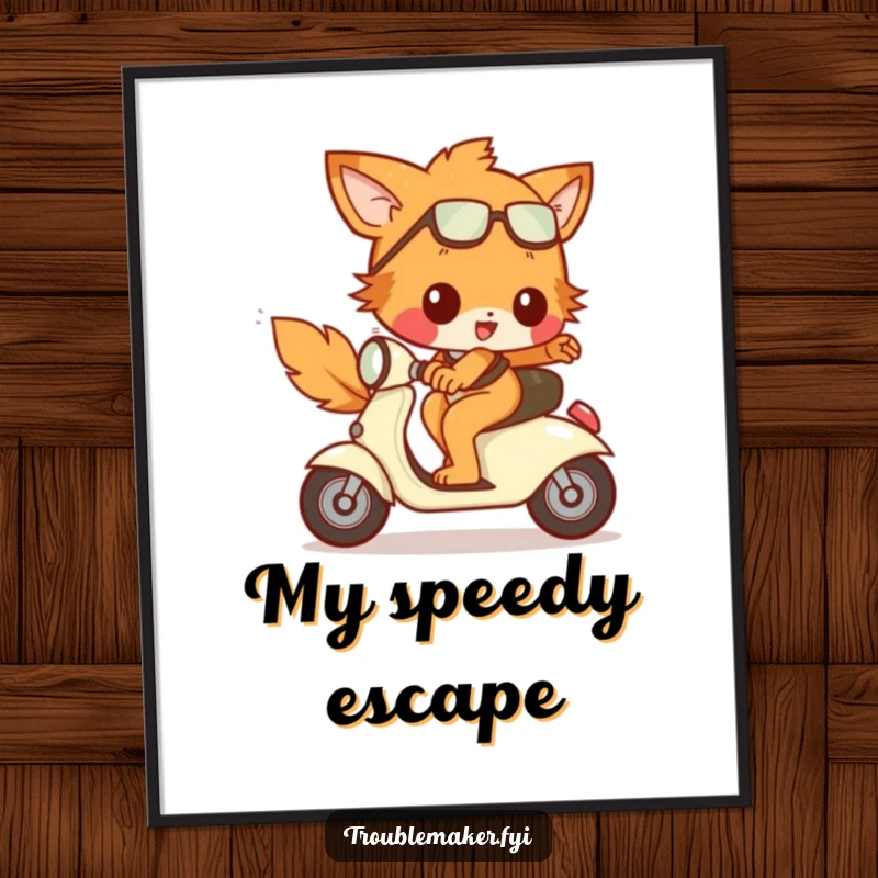 Funny Digital Art Print of a mischievous animal character joyfully riding a tiny, runaway scooter, creating a dynamic and exciting scene.