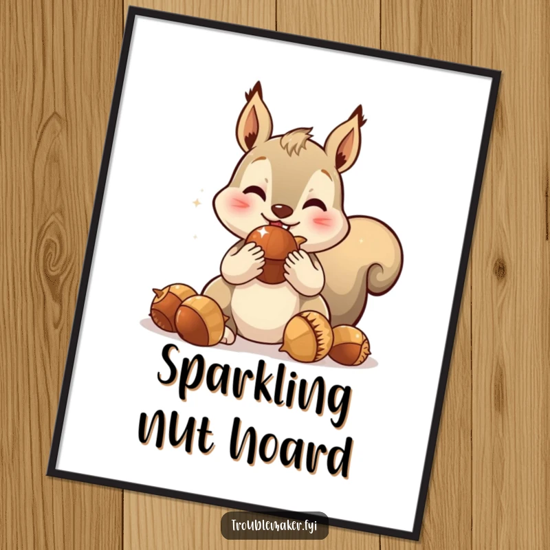 Funny digital art print of a spirited squirrel character stuffing its cheeks with oversized, sparkling acorns, ready for download.