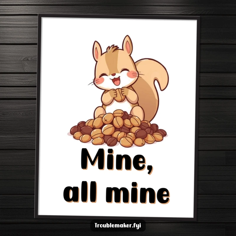 Funny digital art print of a squirrel gleefully hoarding a pile of nuts, perfect for instant download and nature-themed decor.