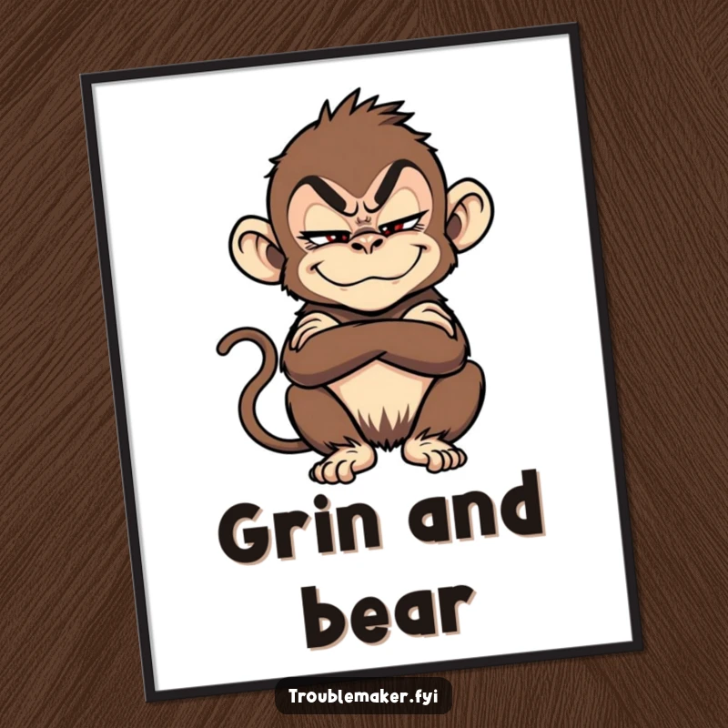 Funny troublemaker monkey with a sly grin and crossed arms as a digital art print.
