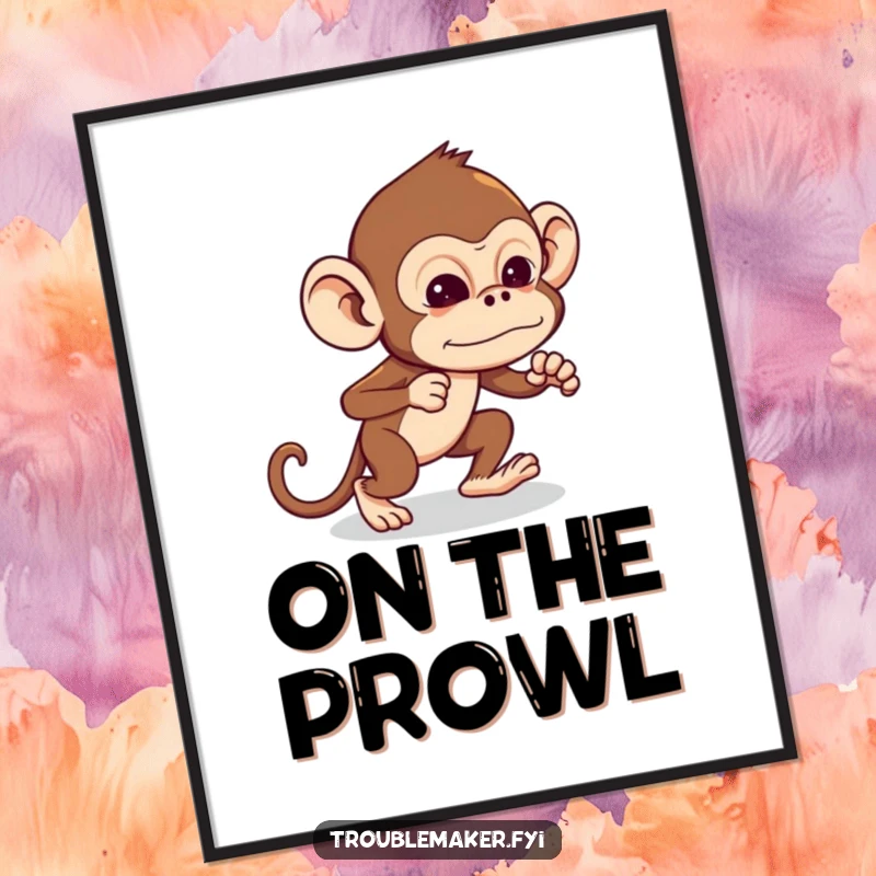 Funny Troublemaker Monkey Digital Art Print of a monkey tiptoeing with exaggerated stealth, capturing stealthy fun, perfect funny gift.