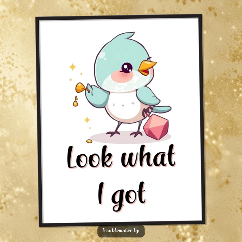 Funny Digital Art Print of a cartoon bird heroically snatching a sparkling trinket, rendered in a vibrant and humorous style for wall decor.