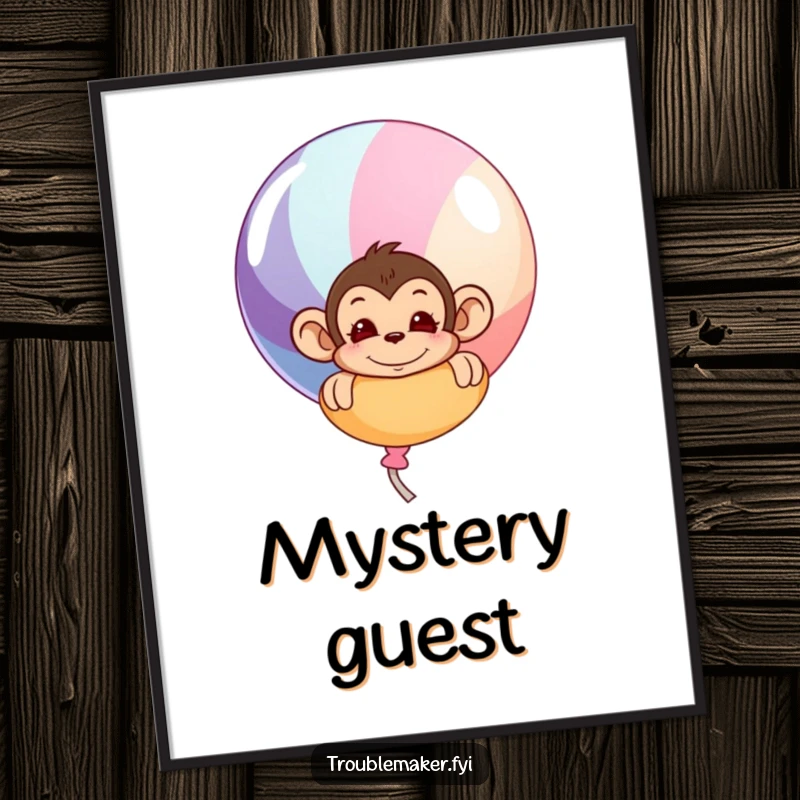 Funny digital art of a mischievous monkey peeking from behind a large, colorful balloon; vibrant and playful wall art.