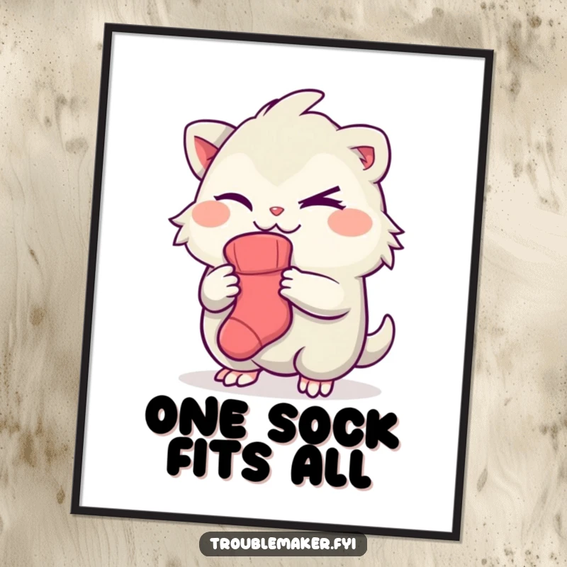 Funny digital art print of a creature with a mischievous wink, holding a single sock, a humorous representation of laundry day secrets.