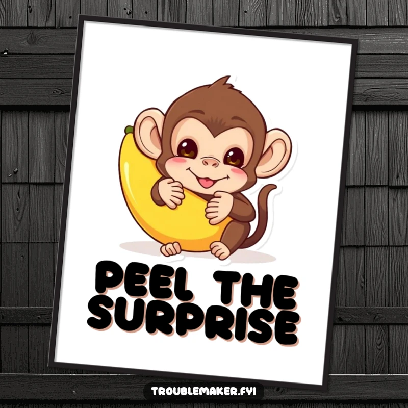 Funny digital art print of a mischievous monkey hiding behind a banana peel, perfect for instant download and humorous decor.