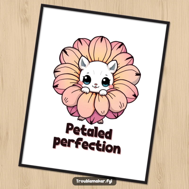 Funny digital art print of a creature with expressive eyes hiding behind a giant, colorful flower, perfect for cute decor.