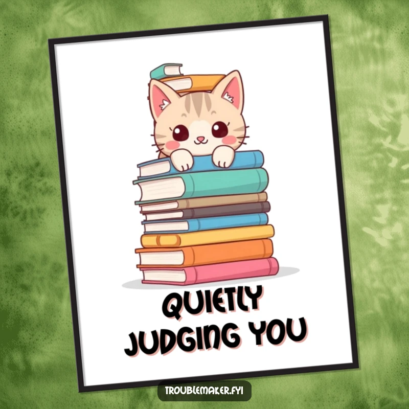 Funny cat digital art print of a mischievous cat peeking over books, offering instant humorous and literary-themed wall decor.