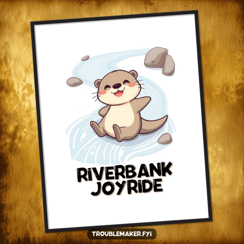 Funny digital art print of a cheerful otter character gleefully sliding down a winding riverbank, ready for download.