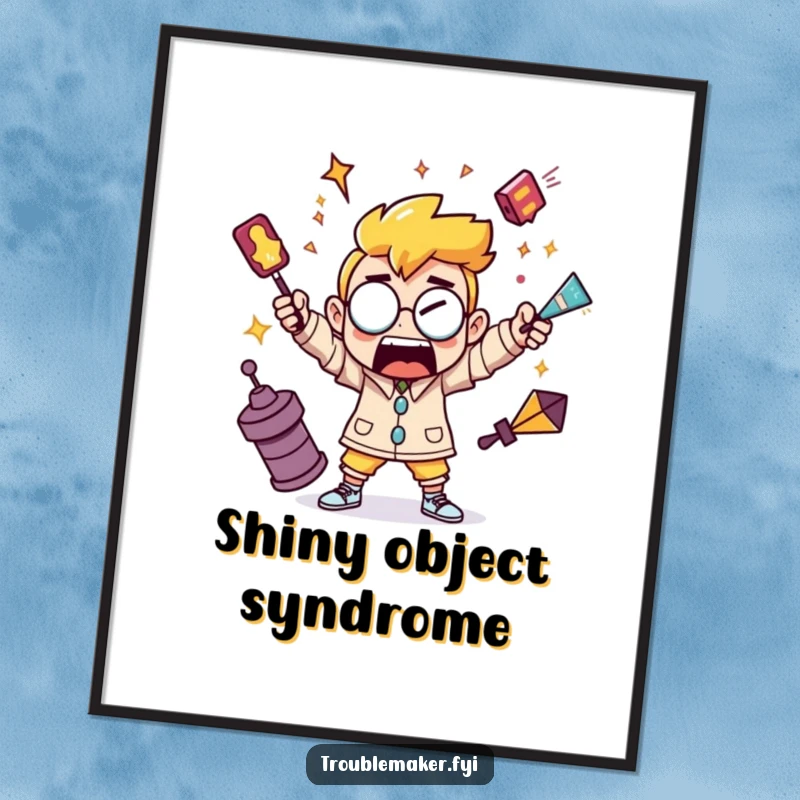 Funny digital art print of a troublemaker character juggling shiny, chaotic objects, ideal for energetic spaces.