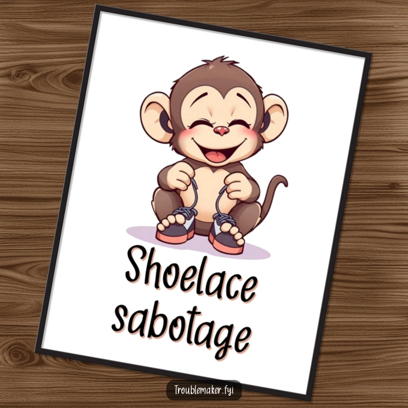 Funny digital art print of a giggling monkey tying tiny shoelaces together, offering instant prank-themed humor.
